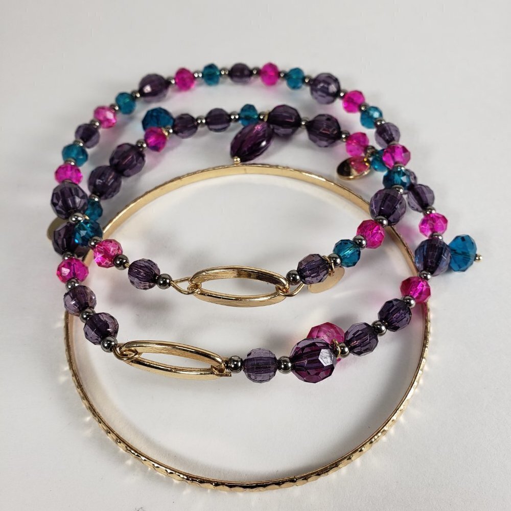 Add Some Sparkle with Set of 3 Gold Tone Multicolored Beaded Bangle Bracelets